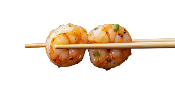 Pair of seasoned shrimps on chopsticks on transparent background png