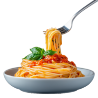 Bowl of spaghetti with tomato sauce and basil on fork on transparent background png