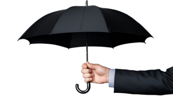 Black umbrella with wooden handle held on transparent background png