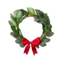 Christmas wreath with natural greenery and red bow on transparent background png