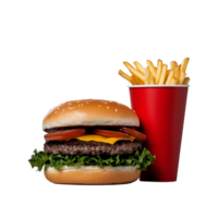 Classic hamburger with fries in red container on transparent background png