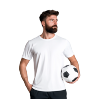 Man in white T-shirt holding a soccer ball on transparent background png