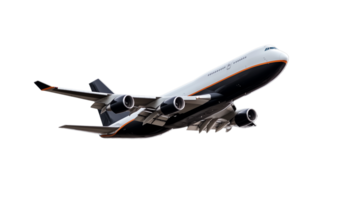 Angled view of modern commercial airplane in mid-flight, isolated on transparent background png