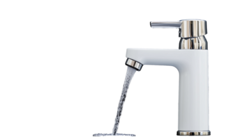 Modern white faucet with running water isolated on transparent background png