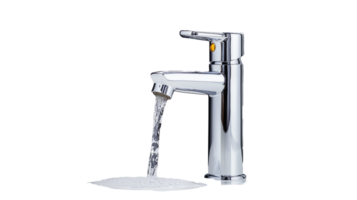 Shiny silver faucet with water running on transparent background png