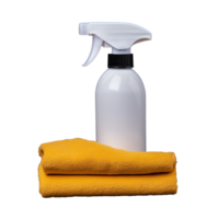 Cleaning spray bottle with yellow towel isolated on transparent background png