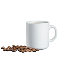 White mug with scattered coffee beans on transparent background png