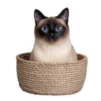 Siamese cat in woven rope basket on transparent background png