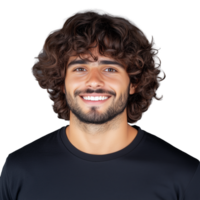Smiling young man with curly hair in black shirt on transparent background png