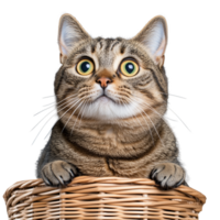 Surprised tabby cat in wicker basket on transparent background png