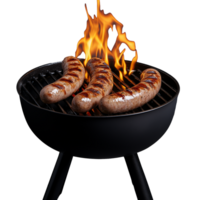 Grilled sausages on flaming barbecue grill on transparent background png