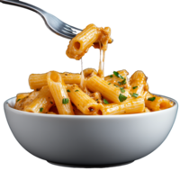 Fork lifting rigatoni pasta with herbs on transparent background png