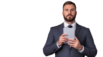 Man in suit using tablet on transparent background png