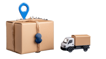 Box with location pin and small truck on transparent background png