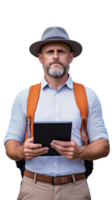 Man with fedora and backpack holding tablet on transparent background png
