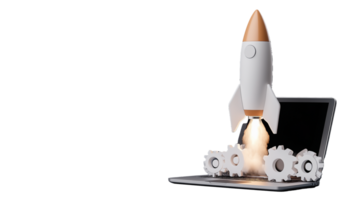 Rocket with cloud effect launching from laptop on transparent background png