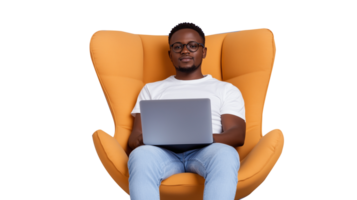 Smiling woman with laptop on yellow armchair on transparent background png