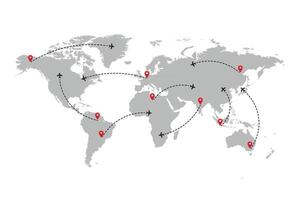 World map with flight routes, silhouettes of aircraft flights on the map. plane moves along the trajectory. vector