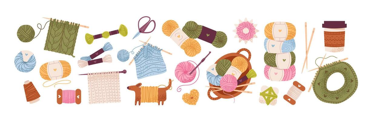 Knitting with cozy yarn balls, needles, and handmade elements. Crafting, handmade. A warm, leisurely hobby. Flat knitting set