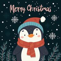 Christmas card with a penguin on a dark forest background. vector