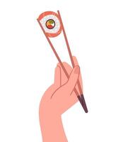Hand holding chopsticks with a roll. vector
