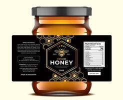 Elegant honey label featuring a gold bee, hexagon pattern, and nutrition facts, Premium packaging for natural honey. vector