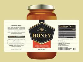 Honey label and print product packaging combines a modern honeycomb design with dark tones, creating a sleek, bold look. vector