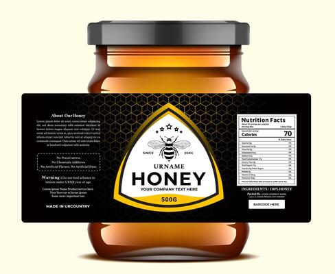 Luxurious honey label design featuring a gold bee emblem and nutritional information. Perfect for premium branding.