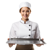 Female Baker in chef uniform Holding an empty Tray isolated on transparent background png