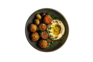 Falafel with hummus and olives in a bowl isolated on a transparent background png