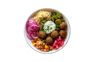 Falafel bowl with pickled onions, couscous, and vegetables isolated on a transparent background png