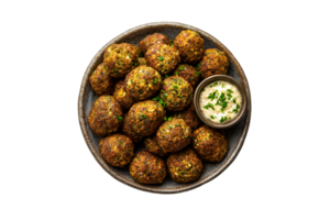 Falafel with dipping sauce in a bowl isolated on a transparent background png