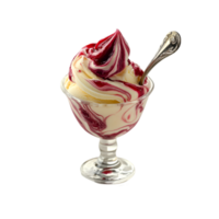 Berry swirl ice cream in a glass cup with a spoon isolated on a transparent background png