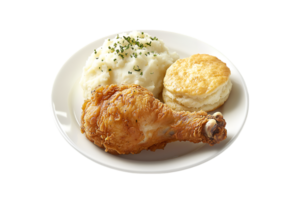 Fried chicken with mashed potatoes and biscuit on a plate isolated on a transparent background png