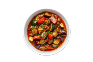 Vegetable stew with zucchini, eggplant, and peppers in a bowl isolated on a transparent background png