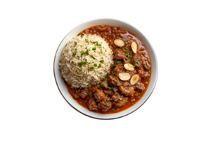 Beef stew with rice on a plate isolated on a transparent background png