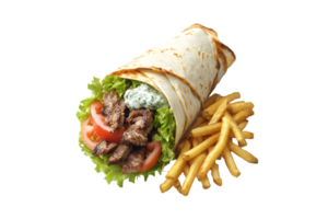 Gyro wrap with beef, lettuce, tomato, tzatziki sauce, and fries isolated on a transparent background png
