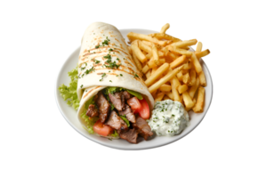 Gyro wrap with beef, vegetables, tzatziki sauce, and fries on a plate isolated on a transparent background png