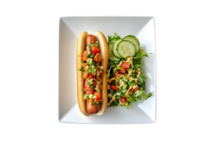 Hot dog with salad and cucumbers on a plate isolated on a transparent background png