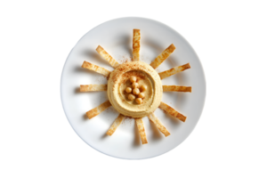 Hummus with pita bread strips and chickpeas on a transparent background png