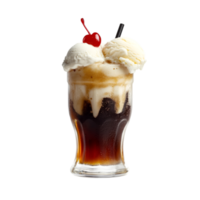 Root beer float with vanilla ice cream and cherry on a transparent background png