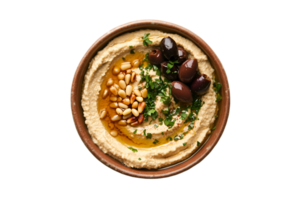 Hummus with pine nuts and olives on a transparent background png