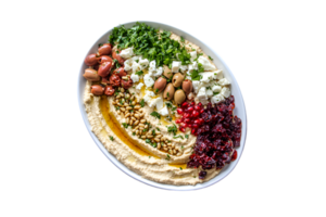 Mediterranean hummus platter with toppings on a transparent background png