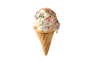 Vanilla ice cream cone with rainbow sprinkles on a transparent background png