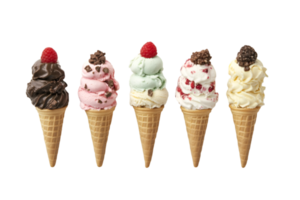 Variety of ice cream cones with different toppings on a transparent background png