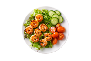 Grilled shrimp skewers with vegetables on a plate isolated on a transparent background png