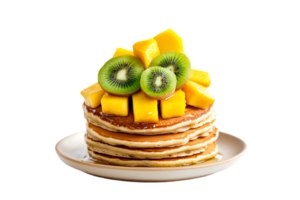 Pancakes with mango and kiwi slices isolated on a transparent background png