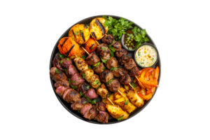 Mixed grill platter with assorted meats and vegetables isolated on a transparent background png