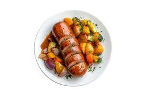 Currywurst with spicy sauce on a plate isolated on a transparent background png