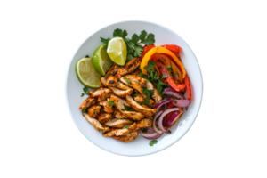 Grilled chicken fajitas with vegetables and lime in bowl on a transparent background png